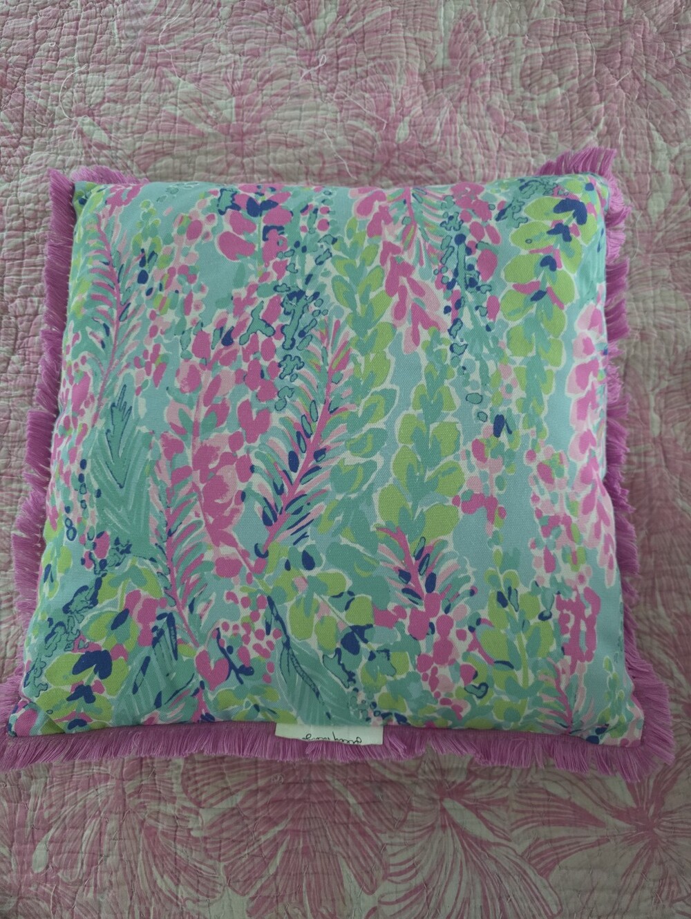 Lilly Pulitzer Floral Print Fringe Pillow in Aqua, Pink, 16x16 EUC